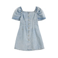 Plus Size Denim Botton Bow Short Sleeve Dress